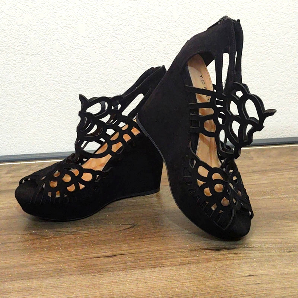 Torrid Black Faux Suede Laser Cut Platform Wedge